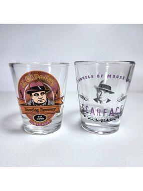 Al Capone Shot Glasses Lot of 2 Scarface Bootleg Brewery Tunnels of Moosejaw